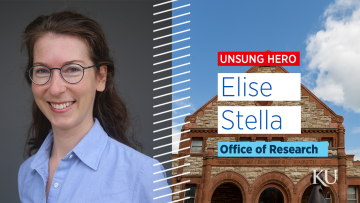 Graphic with a photo of Elise Stella on the left and a photo of Spooner Hall with the text "unsung hero; Elise Stella; Office of Research" on the right.